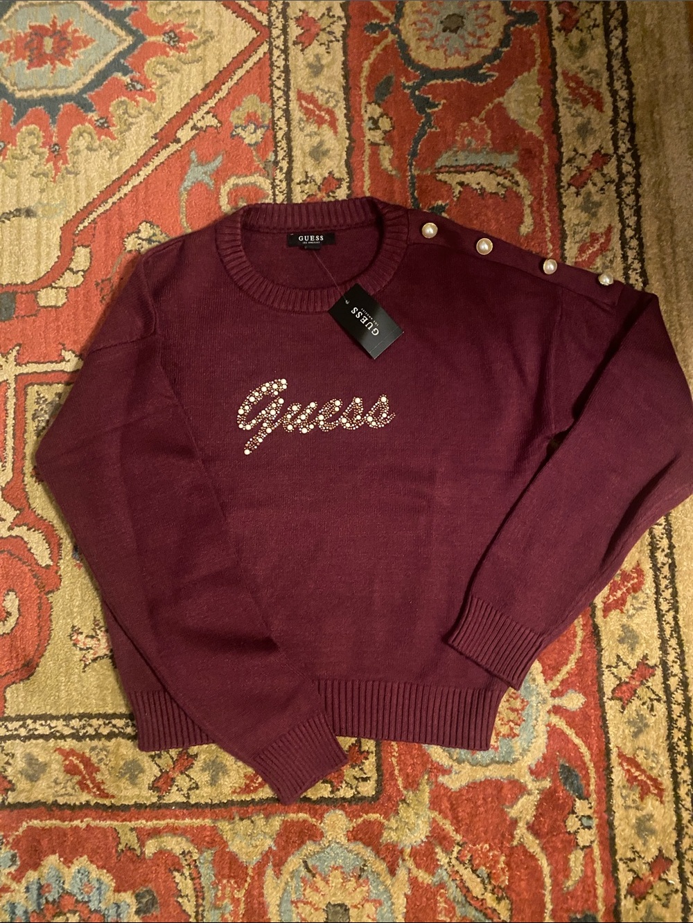 GUESS Burgundy Crewneck Sweater with Pearl Shoulder Buttons